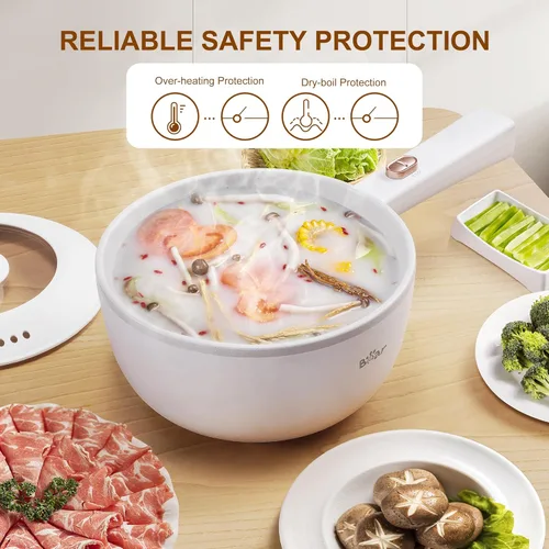 Vista 5 de Bear - Olla caliente eléctrica, olla multifuncional portátil de 2L, olla eléctrica rápida para fideos de 1000W, sartenes antiadherentes para bistec