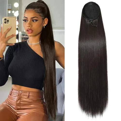 Vista 14 de SEIKEA - Extensión de cola de caballo larga con cordón, cola de caballo falsa recta y natural, extensión de cabello sintético suave con clip