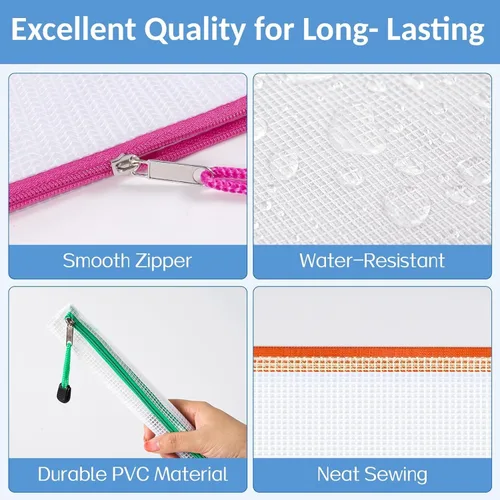 Vista 5 de Sooez 24 Pack Super Large Mesh Zipper Pouch Bags, A3 (16.5×11.7 in) Storage Bags with Label Pocket, Reusable Zipper Pouches for Classroom