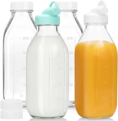 Vista 8 de CUCUMI Botella de leche de vidrio con tapa hermética reutilizable y fuerte, 1 paquete de botellas de jugo de vidrio de 64 onzas para leche