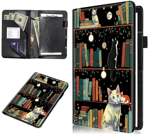 Vista 8 de RYUITHDJP Libreta para mesera, libros de camarera con bolsillo con cremallera, diseño de gato, organizador de libros de servicio, restaurante