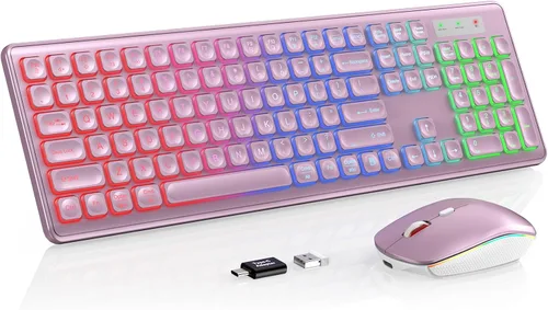 Vista 10 de Combo de teclado y mouse inalámbricos, retroiluminación RGB, recargable y letras iluminadas, tamaño completo, escritura suave, modo de suspensión