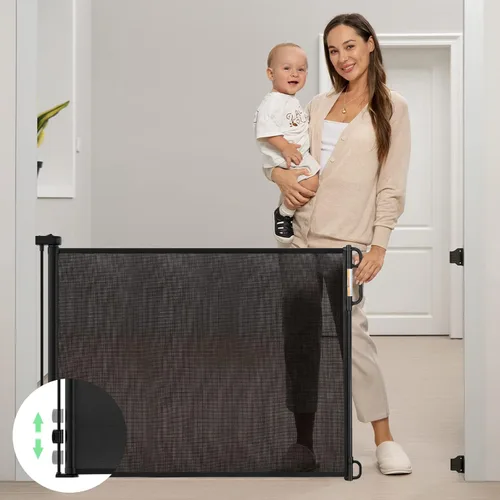 Vista 9 de Puerta retráctil para bebé, Puerta de malla para bebés o puerta de malla para perros de Momcozy, 33 pulgadas de alto, se extiende hasta 55 pulgadas