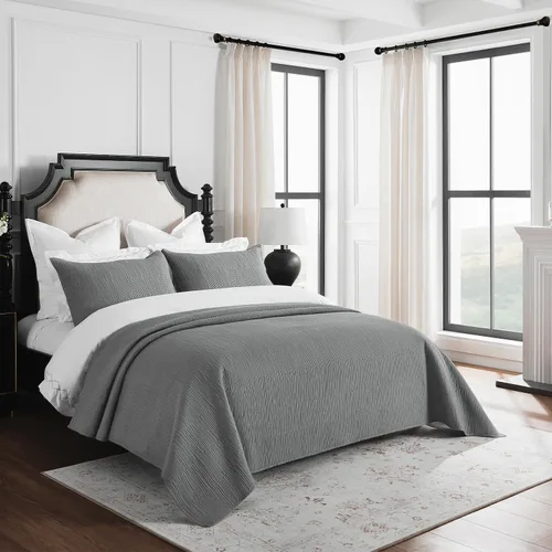Vista 3 de Calla Angel Evelyn Stitch Threads - Juego de edredón de 3 piezas tamaño Queen de algodón puro, color gris, hilos