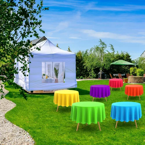 Vista 5 de Oudain Mantel redondo de plástico prémium de 84 pulgadas, desechables, impermeables, para fiestas, cenas, cumpleaños, campamento, picnic