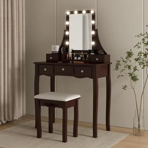 Vista 2 de CHARMAID - Mesa de tocador con espejo y luces, mesa de maquillaje con 5 cajones de almacenamiento, 3 modos de iluminación de color, brillo