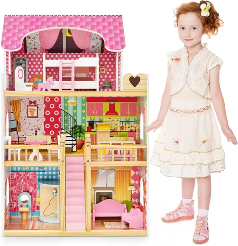 Vista 7 de Costzon Casa de muñecas de madera para niños, casa de muñecas semiabierta de 3 pisos con 5 habitaciones y 8 piezas de accesorios de muebles, balcón