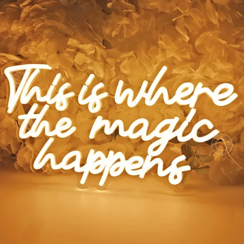 Vista 2 de SYLHOME Letrero de luz LED de neón con texto en inglés «This Is Where The Magic Happens», para dormitorio, boda, fiesta de cumpleaños, decoración