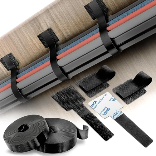 Kit de gestión de cables – 40 sujetadores autoadhesivos de gancho y bucle con 2 correas de extensión – Fabricado con cinta 3M, organizador de cables