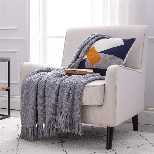 Vista 8 de Bedsure - Mantas de punto tejidas de chenilla gruesa texturizada para sofá - Manta decorativa boho súper suave y cálida con borlas para cama, sofá