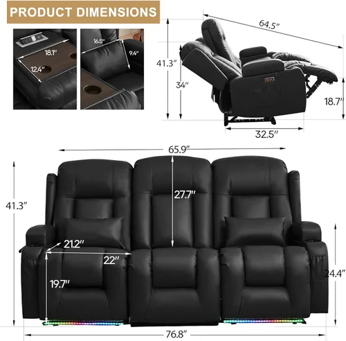 Vista 4 de URRED Sofá reclinable de dos plazas con masaje y calor, sofá biplaza reclinable eléctrico con consola, asiento de cine en casa con luces LED, Negro