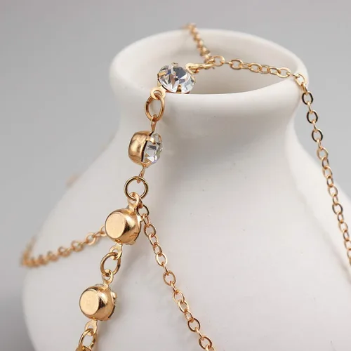 Vista 3 de Suyi Pulsera de anillo de dedo, arnés de mano, pulsera de cadena de diamantes de imitación, regalos para mujeres 2 piezas oro