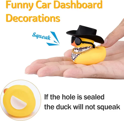 Vista 5 de wonuu Pato de goma para automóvil, decoración de pato amarillo con sombrero de sol, collar, gafas de sol para decoración de tablero de automóvil