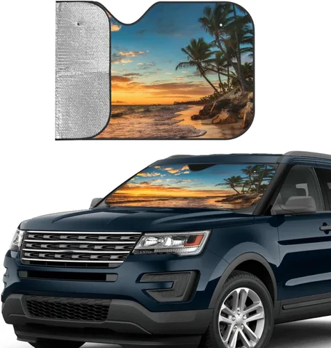 Vista 3 de Parasol de parabrisas con palmera de playa Hawaii tropical costa de verano amanecer, protector frontal plegable, visera solar para automóvil que