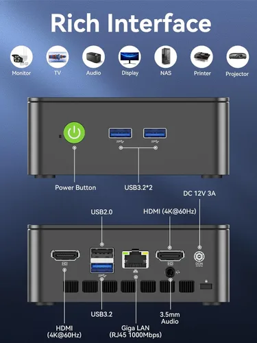 Vista 4 de GMKtec Mini PC N95 (Beats N100, 3.4GHz) 8 GB de RAM 256 GB M.2 SSD Mini computadora de escritorio con montaje VESA para oficina, hogar, negocios