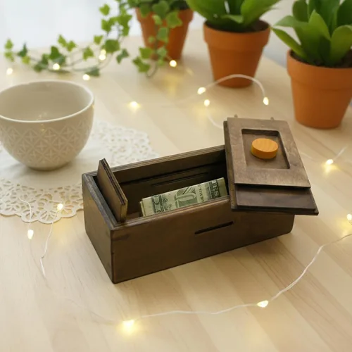 Vista 3 de Caja de rompecabezas Enigma Secret Discovery - Soporte para tarjetas de dinero y regalo en un candado de madera con compartimento oculto, alcancía
