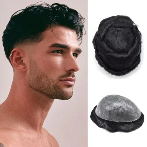 Toupee - Sistema de reemplazo de cabello de polietileno completo para hombre, cabello humano europeo para hombre, tupé de 0.004 in, piel duradera,