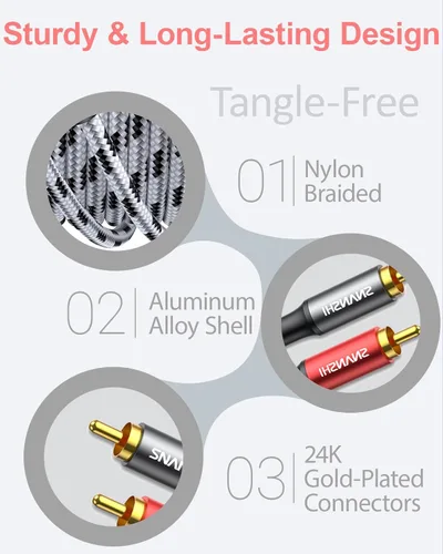 Vista 5 de SNANSHI Cables RCA de 5 pies, 2 RCA macho a 2 RCA macho, cable de audio estéreo trenzado de nailon doble blindado con conectores chapados en oro