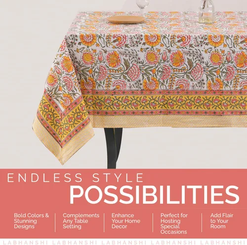 Vista 5 de Labhanshi Indian Hand Block Print Round 72 Inch 6-Seater and Rectangle 72x108 Inches 8 Seater Table Cloth for Kitchen Dining Table Cotton Floral