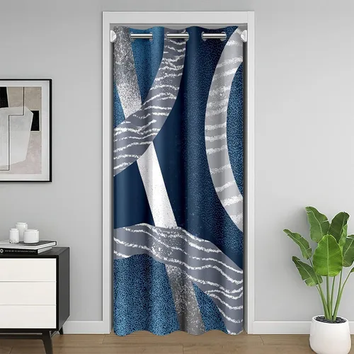Vista 34 de Cortina de puerta con diseño de remolinos azules, negros y blancos, 1 panel de 34 pulgadas de ancho x 80 pulgadas de largo, cortinas opacas