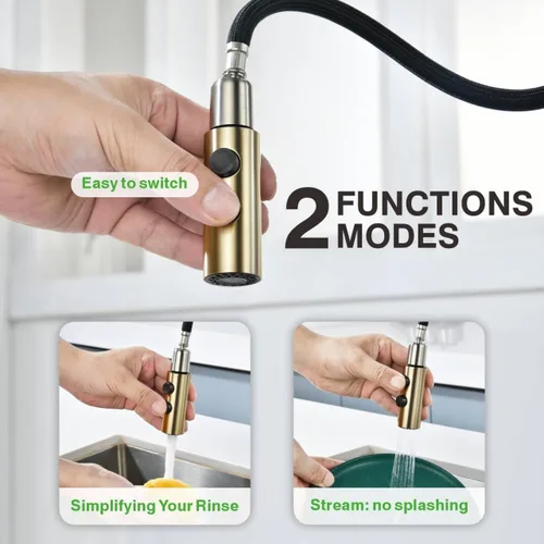 Vista 2 de Grifo de Fregadero de Cocina, 2 Manijas Desplegable con Pulverizador, Oro Cepillado, PB1056