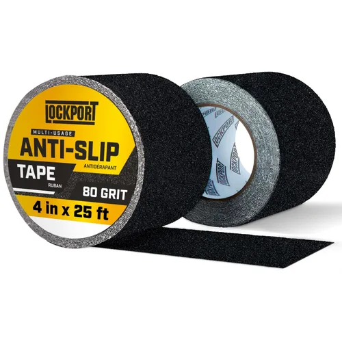 Lockport Cinta antideslizante – Cinta de agarre negra resistente para escaleras, 4 pulgadas x 25 pies para peldaños de escalera antideslizante