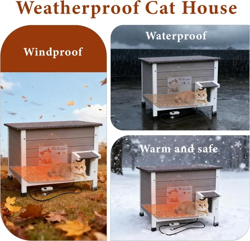 Vista 7 de Casa para gatos con calefacción para exterior con espuma aislante para gatos al aire libre, casa para gatos aislada y resistente a la intemperie