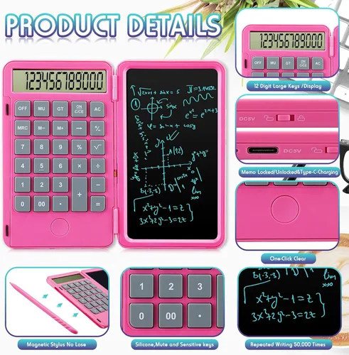 Vista 32 de Calculadoras Hion, Calculadora recargable de escritorio y de bolsillo con pantalla grande de 12 dígitos y tableta de escritura borrable