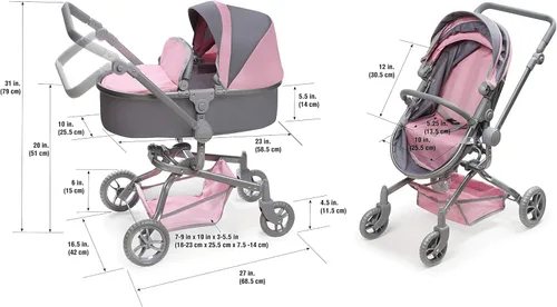 Vista 5 de Badger Basket cochecito plegable para muñecas con capazo - Juguete convertible con dosel, cesta y asa suave - Ligero, fácil de usar para niñas de 3