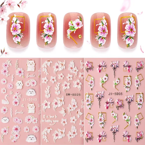 Calcomanías de uñas con flores 5D para arte de uñas, 3 hojas de calcomanías de uñas en relieve, calcomanías autoadhesivas, calcomanías de arte de