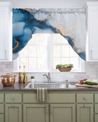 Vista 2 de Cortinas de cocina con cenefa de mármol azul y gris, cenefa con bolsillo para barra, paneles de cortina para dormitorio, sala de estar, baño