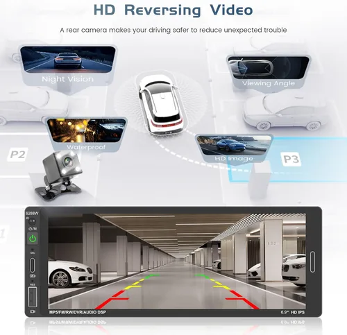 Vista 4 de Radio de coche de un solo DIN estéreo con Apple Carplay Android Auto, pantalla táctil HD de 6.9 pulgadas, receptor Bluetooth, enlace de espejo
