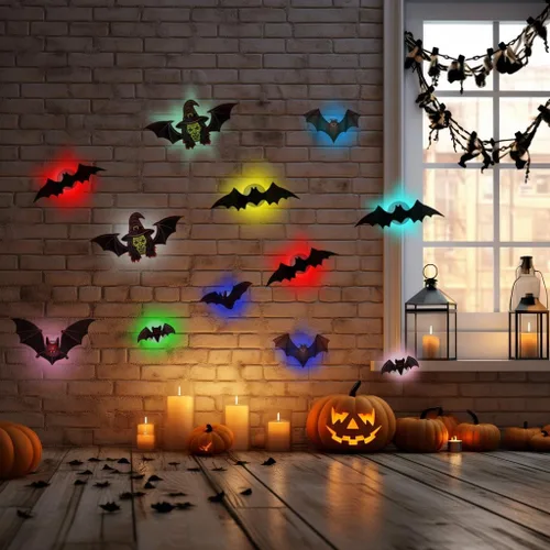 Vista 7 de Decoración de Halloween con luz LED de murciélagos, decoración de pared 3D, decoración de Halloween, murciélagos, calcomanías de murciélago
