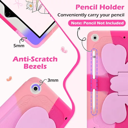 Vista 5 de VOFUOE Funda para iPad de 9ª/8ª/7ª generación para niños y niñas, con soporte de lazo dulce, correa para el hombro, soporte para lápices, funda