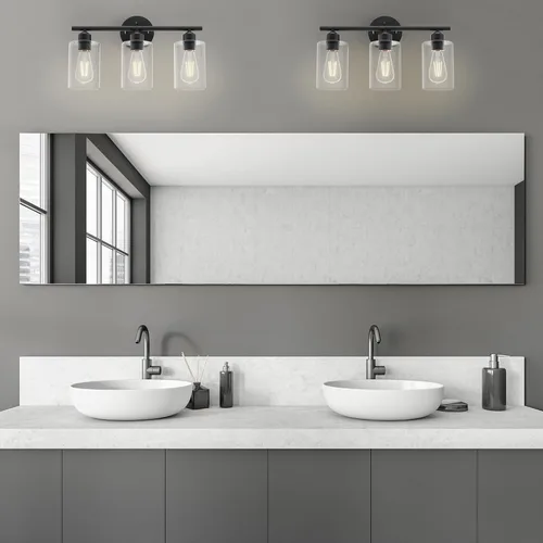 Vista 9 de Espird Lámpara de baño negra de 3 luces para tocador, moderna lámpara de pared para baño, lámpara de pared de granja, apliques de pared negro mate