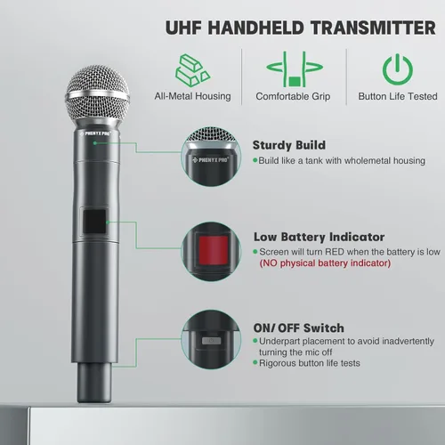 Vista 2 de Phenyx Pro Micrófono inalámbrico profesional, micrófono dinámico UHF de 919.7 MHz, micrófono inalámbrico de metal, transmisor de micrófono de mano