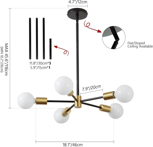 Vista 2 de KAISITE Lámpara de Araña Sputnik - Lámpara de Techo Sputnik Moderna de 5 Luces Altura Ajustable Oro y Negro Iluminación Colgante para Sala de Estar