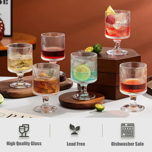 Vista 6 de Juego de 12 copas de vino vintage, copas de agua de vidrio estilo origami de 8 onzas, copas de cóctel con tallo con patrón único en relieve, copas