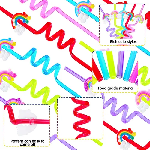 Vista 3 de 25 pajitas reutilizables de colores arcoíris - Divertidos regalos de fiesta de cumpleaños de nube arcoíris para niños
