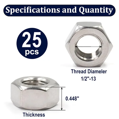 Vista 2 de ZQZ Tuercas hexagonales de 1/2"-13, paquete de 25 tuercas de ferretería de acero inoxidable 304 (A2-70), tuercas de rosca gruesa de pulgada estándar