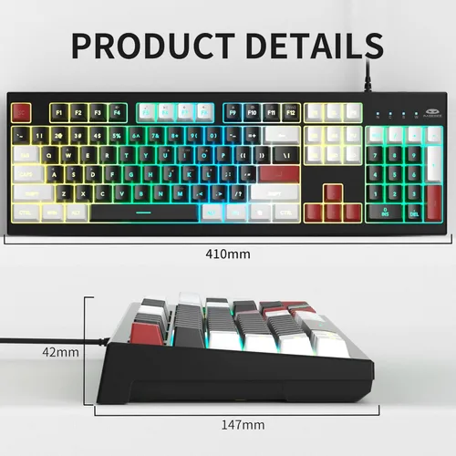 Vista 5 de MageGee Teclado cremoso, teclado K2 con cable RGB retroiluminado 104 teclas, impermeable, teclados ergonómicos, PC para PCloptopMAC, color rojo