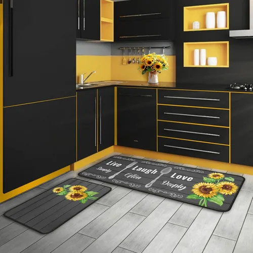 Vista 2 de Juego de 2 alfombras de cocina de girasol, antideslizantes, lavables, de microfibra, alfombras y tapetes para cocina, decoración de granja