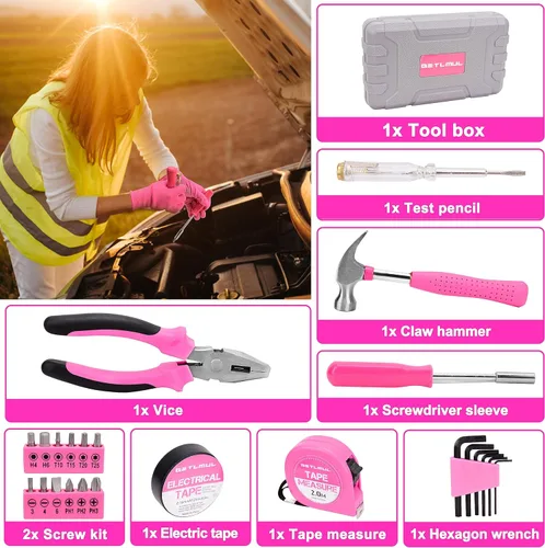 Vista 4 de Kit de emergencia rosa para automóvil, kit de accesorios de emergencia para automóvil de alta calidad con cables de puente, linterna, pala, juego