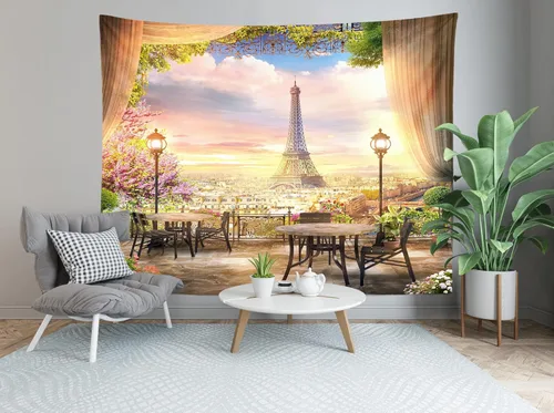 Vista 5 de BELECO Tapiz de París para colgar en la pared, romántico tapiz de jardín de la torre Eiffel, 60 x 40 pulgadas, cafetería, terraza, flores, mesas