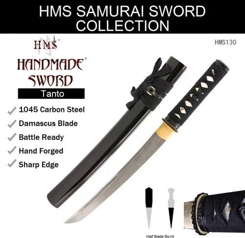 Vista 9 de HMS Espada Samurai Tanto japonesa, hierro Tsuba, acero al carbono 1045, forjada a mano templada, espiga completa, afilada
