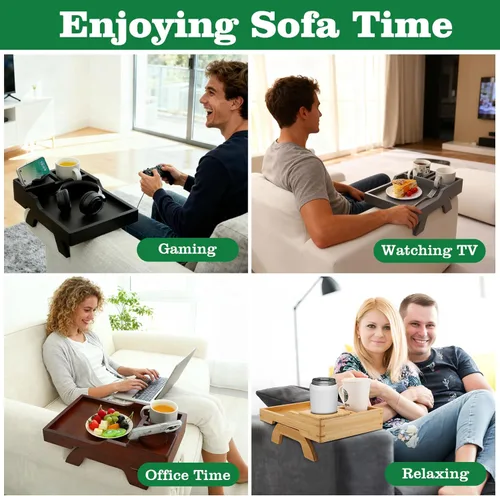Vista 5 de GHKINMAL Bandeja Portavasos para Sofá, 15.4"x9.9" Bandeja Grande 4 en 1 para Brazo de Sofá con Soporte para Teléfono Giratorio de 360°, Clip