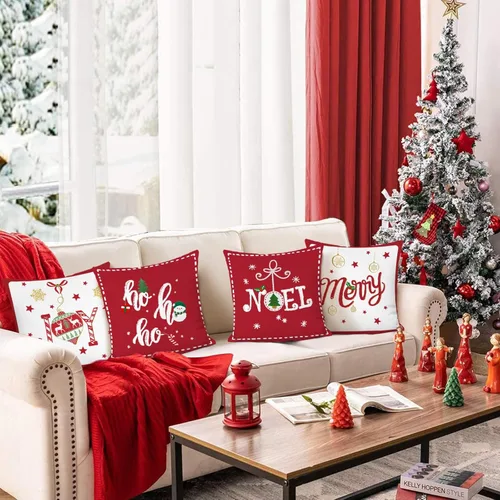 Vista 2 de Bonhause Juego de 4 fundas de almohada rojas de Navidad de 18 x 18 pulgadas, almohadas decorativas de Navidad para sofá, cama, decoración del hogar