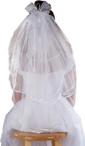 Vista 2 de Velo blanco de la primera comunión para niñas con lazo transparente y flores, 26 pulgadas, Blanco