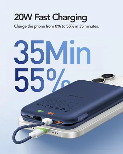 Vista 3 de charmast Cargador portátil con cable de 10000 mAh, banco de energía delgado de carga rápida de 20 W con cable extraíble para iPhone y Android