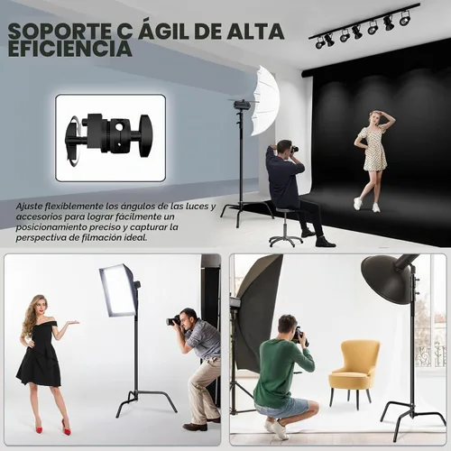 Vista 5 de Soporte C resistente con brazo de pluma, soporte de luz de acero inoxidable Negro